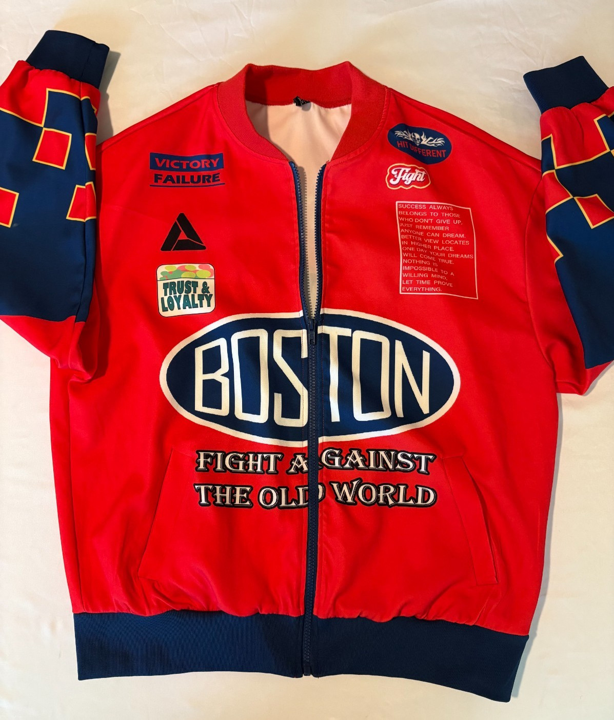 SHEIN Boston Fight Red Zip Jacket Size M Graphic Patch Streetwear Statement Rare