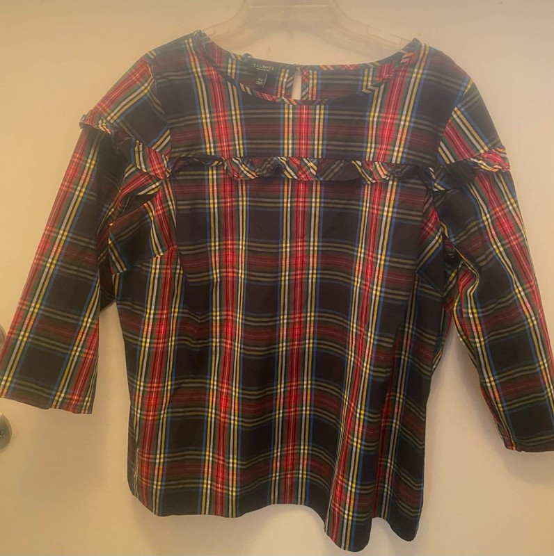 Talbots Tartan Plaid Top Petite Women Size 1XP Ruffle Trim Top Preppy Checkered