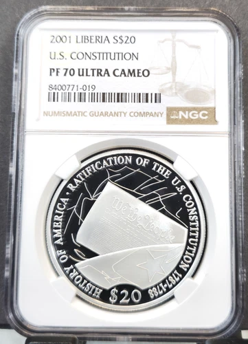 2001 LIBERIA SILVER 20 DOLLARS US CONSTITUTION NGC PF 70 ULTRA CAMEO RARE POP 1
