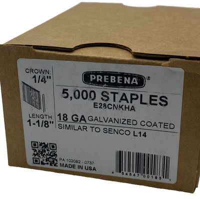 PREBENA E28CNKHA GALVANIZED COATED STAPLES CROWN 1/4'' 18-GA, 10000 STAPLES 2-PCK