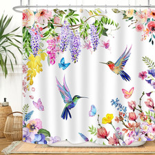 Watercolor Flower Hummingbird Shower Curtain Spring Bird Butterfly Floral Plant