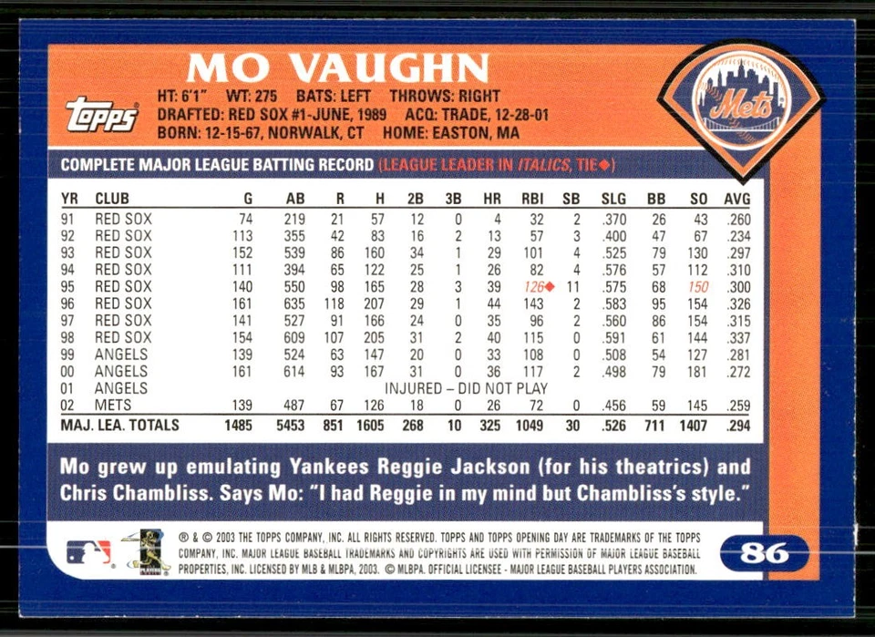 2003 Topps Opening Day #86 Mo Vaughn - Image 2 of 2