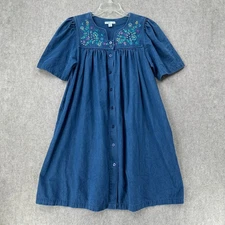 Go Softly Patio Denim House Muumuu Dress PL Floral Embroidery Pockets