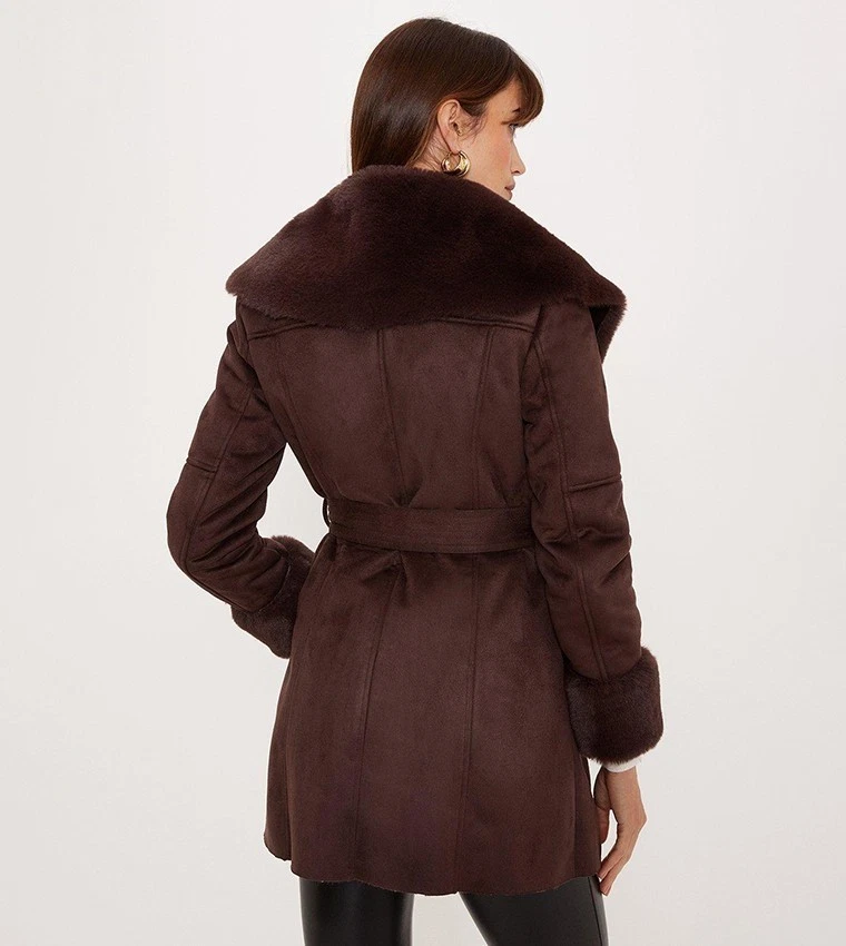 OASIS Follow Faux Shearling Collar Belted Short Women's Coat Chocolate UK14 - Image 4 of 4