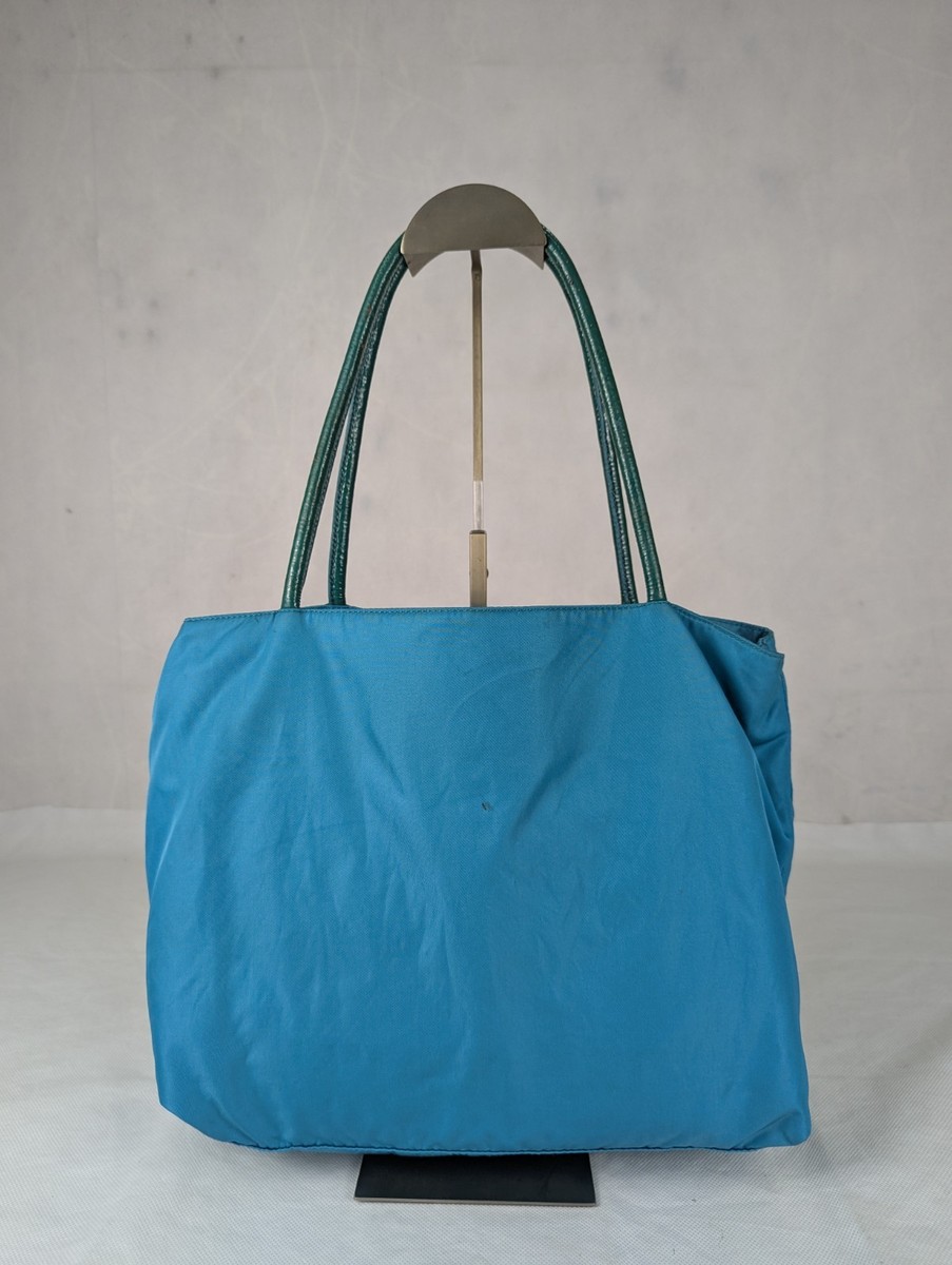 Authentic PRADA Tote Bag Turquoise Blue Gold Shoulder Bag