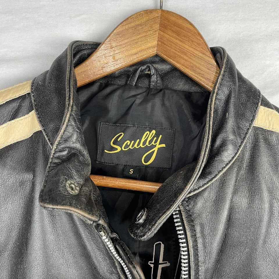 Chaqueta de Cuero Scully Para Hombre Pequeña Negra Café Corredor Motocicleta Puños con Cremallera Rayas Foto 2 de 4