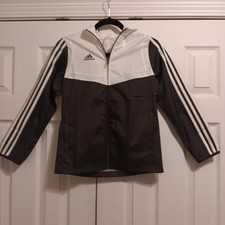 Adidas youth windbreaker with hood/ Black White/ Logo with stripes/ Size S