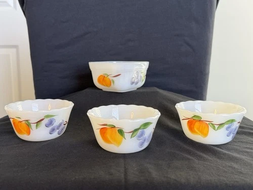 Vtg Anchor Hocking Fire King Peach Grape (3) 5 OZ Custard Cups & Bonus Dish.