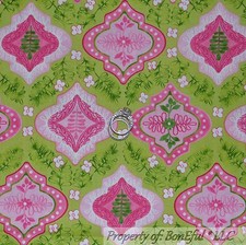 BonEful Fabric FQ Cotton Quilt Green Bright Pink White Flower Damask Leaf Swirl