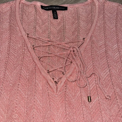 White House Black Market Size XS Pink/Gold V-Neck Tie Sweater - Picture 5 of 7