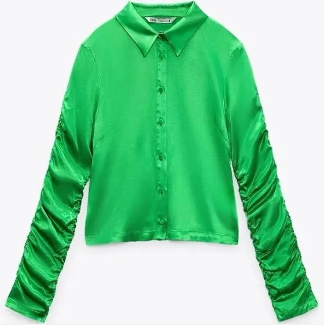 BNWT Zara Emerald Green Top Satin Blouse Shirt Long Sleeve Ruched