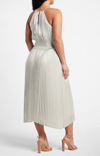 Express Sleeveless Pleated Midi Dress Smocked Waist Metalic Color Size Large - Picture 2 of 8