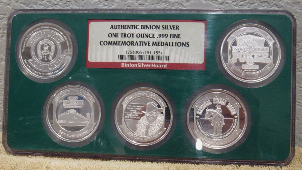 RARE Authentic Binion Silver Hoard Set 5 One Troy Oz .999 Fine