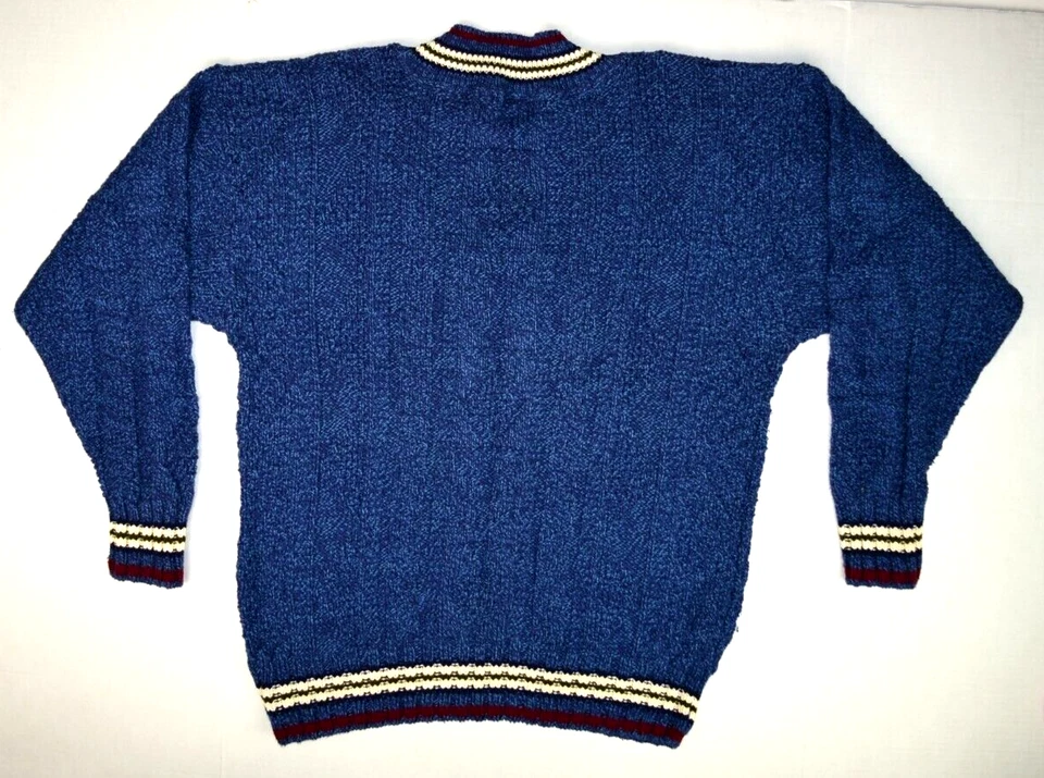 Suéter Vintage Talla M Años 80 Geoffrey Beene Azul Cuello en V Marfil Granate Borde Hecho en EE. UU. Foto 3 de 4
