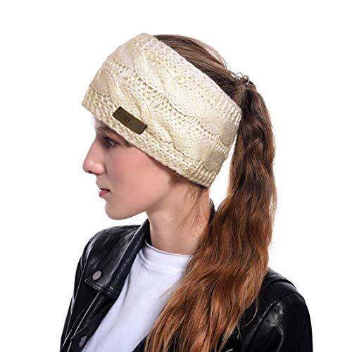 Women Winter Warm Headband Fuzzy Fleece Lined Stretch Thick Cable Knit Beige - Picture 4 of 6