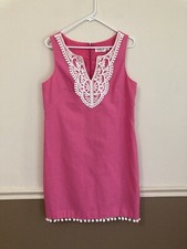 Eliza J Dress Sz 10 Pink Linen White Crochet Tassels Barbiecore Sleeveless Women