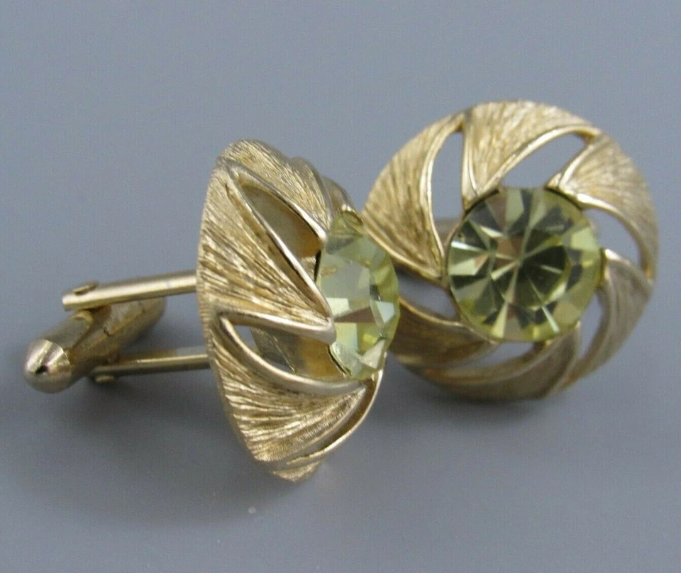 Gemelos de molinete de cristal amarillo facético vintage para hombre bisutería Q34 Foto 3 de 4