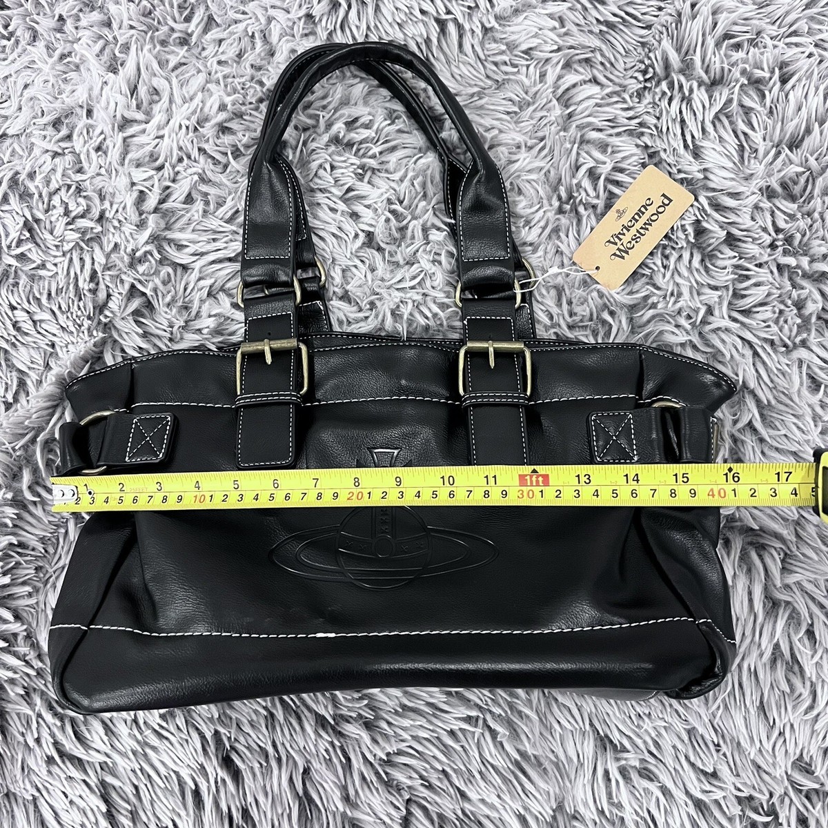 New~Vivienne Westwood Orb Logo Black Leather Tote Shopping