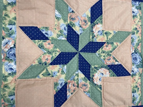 VTG Quilted Coverlet Handmade Star Peachy Pinks Greens Blues Cottage Granny Core