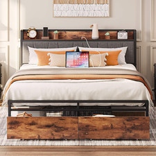 Queen Bed Frame, Storage Headboard with Charging Station, Platform Bed with Draw
