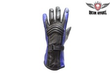 New Ladies Blue/Black Full Finger Leather Motorcycle Riding Gauntlet Gloves