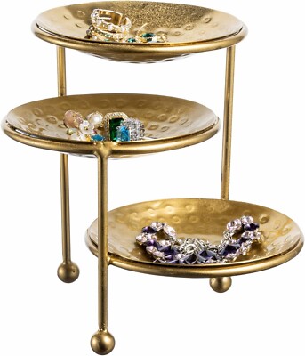 3 Tier Brass Metal Jewelry Tower, Jewelry Dish Organizer for Earring, Necklace
