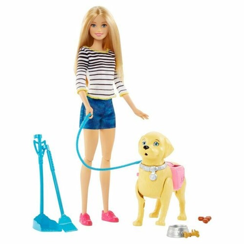 Barbie Walk & Potty Pup Blonde Doll Golden Retriever Dog Poop n Scoop