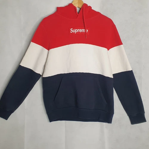 Sweat à capuche streetwear logo Supreme Box rouge, blanc, bleu marine taille S