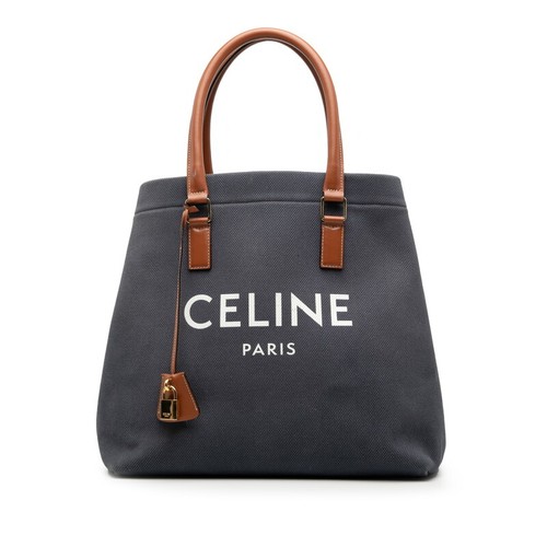 Celine Horizontal Canvas Leather Tote Bag Navy Brown Women Used Authentic