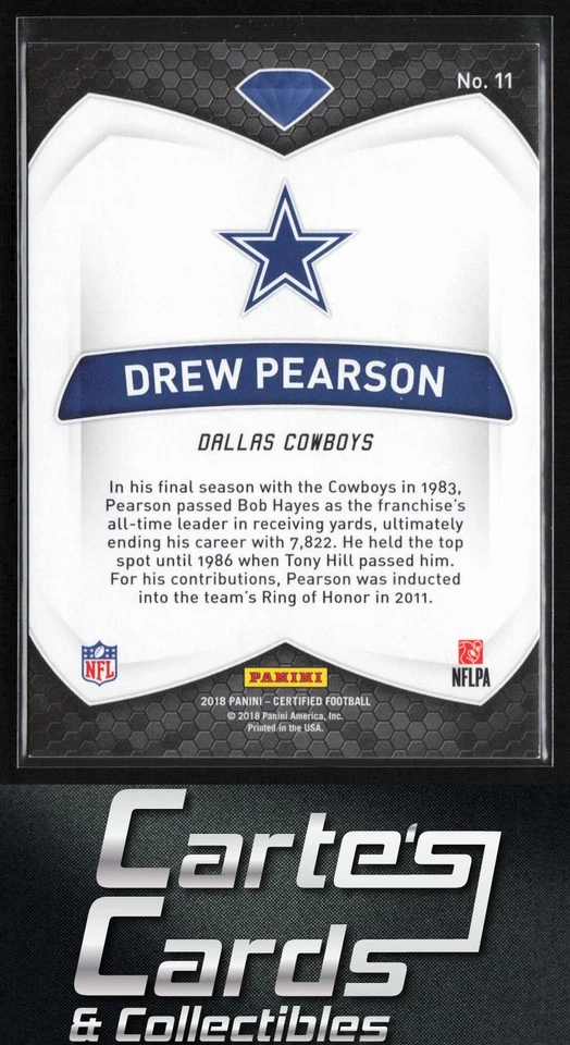 Drew Pearson 2018 Panini Certified #11 Diamonds Mirror Red Dallas Cowboys 24/99 - Image 2 of 2