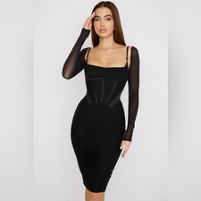 HOUSE OF CB FREYJA Black Gathered Corset Dress, Size Small Plus Cup, $239
