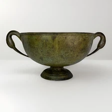 Vintage Swan Handle Pedestal Bowl Faux Verdigris Metal 17” Centerpiece Elegant