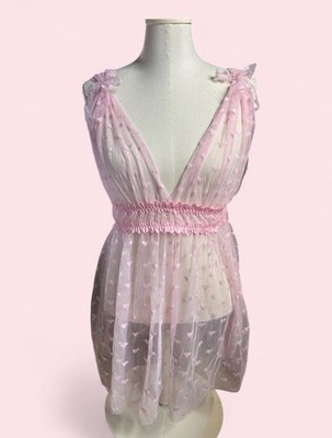 Pink coquette kawaii Mesh Heart Babydoll lingerie 1XL Women's