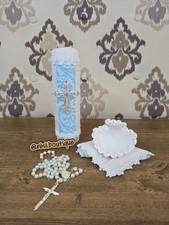 Baptism Candle Set, Christening 4 PC Set, White Blue, Handmade Vela de Bautizo