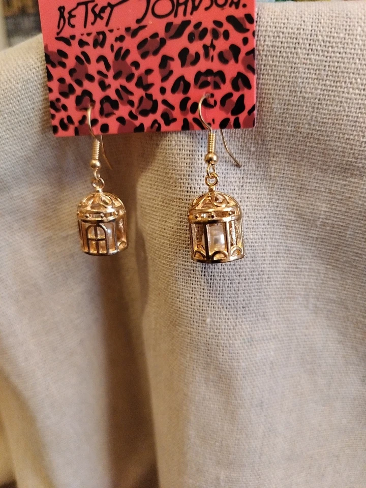 Betsey Johnson Bird Cage Dangle Earrings Faux Pearl Inside Dainty Mini  - Image 2 of 4