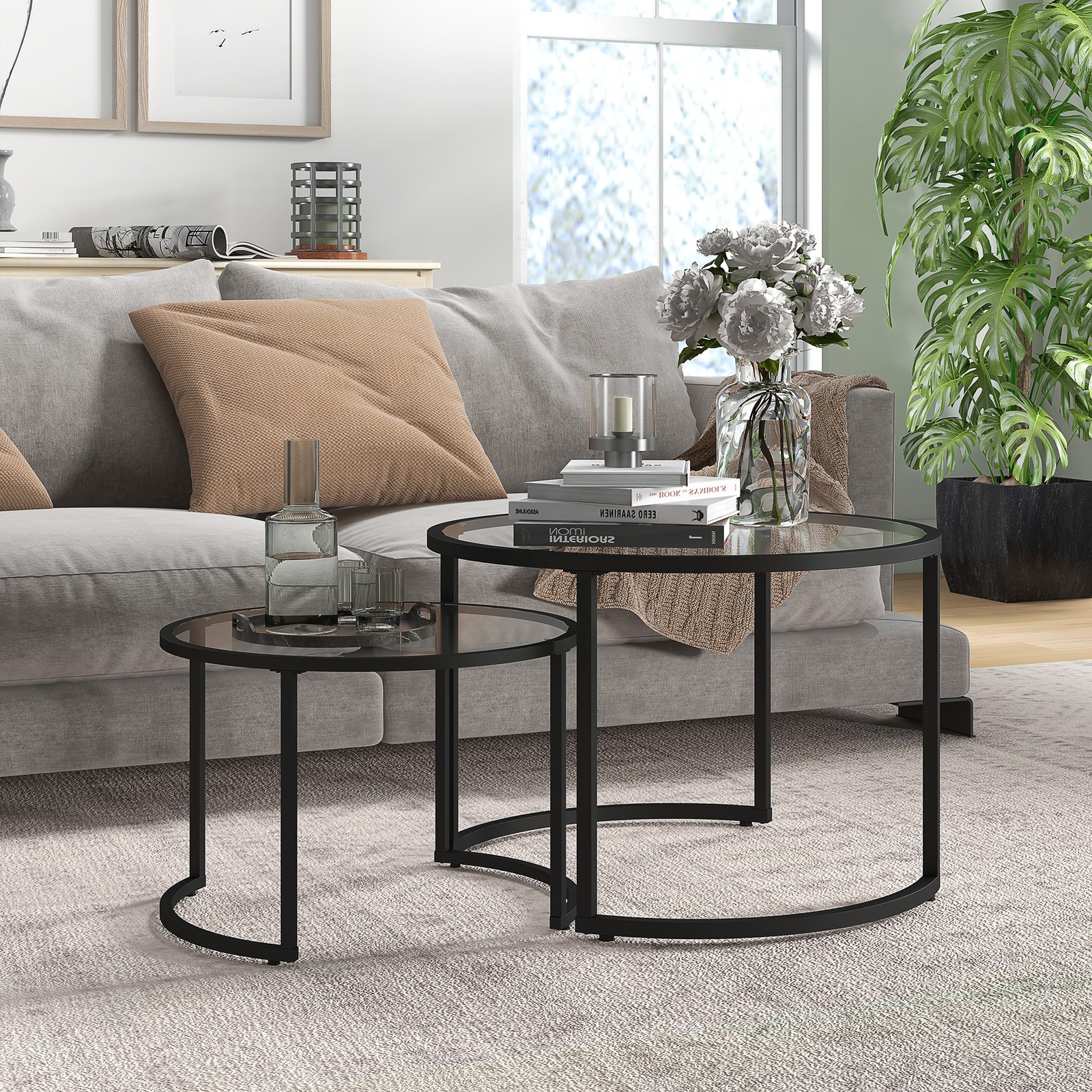 HOMCOM Nesting Coffee Table, Set of 2 Side Tables, Stacking End Tables with Solid Wood Legs, for Living Room Bedroom, White 49 Nesting Coffee Table Set of 2, Round Side Tables for Living Room, Black