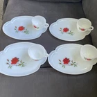 Vtg~Federal Milk Glass~Rosecrest~4 Luncheon Plate/Tea Cup~Snack Sets~ Rose(DR23)