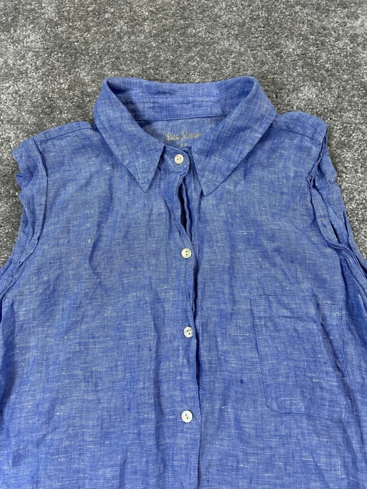 Camisa Lilly Pulitzer Mujer Mediana Azul Lino Blusa Abotonada Foto 2 de 4
