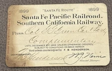 1899 Santa Fe Pacific Railroad Pass Southern California Railway