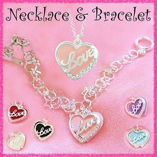 Necklace AND Bracelet SET - NEW Double HEART - Enamel/Crystals - 6 colors