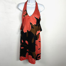 Nine West Halter Top Sheath Dress sz 2 Coral Brown Floral Retro Mod Art Deco