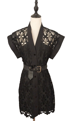 Sandro Paris Size EU 36 AU 10 Black Guipure Lace Short Sleeve Leather Belt  Dress | eBay