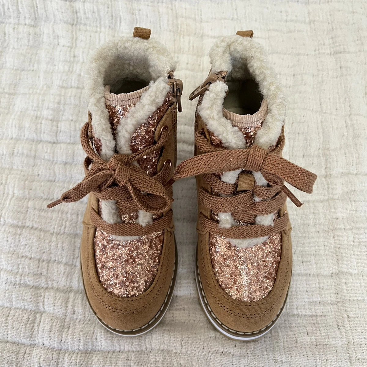 Baby Gap Little Girls Boots 9 Tan Gold Glitter Sherpa Trimmed