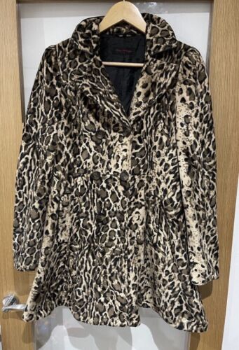 Miss Selfridge 10 38 Brown Leopard Animal Print Faux Leather Piping Pea Coat - Picture 1 of 7