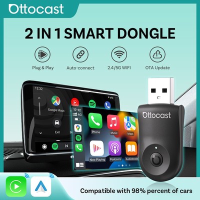 2in1 Ottocast USB Wireless CarPlay+Android Auto Adapter w/One-Click Disconnect