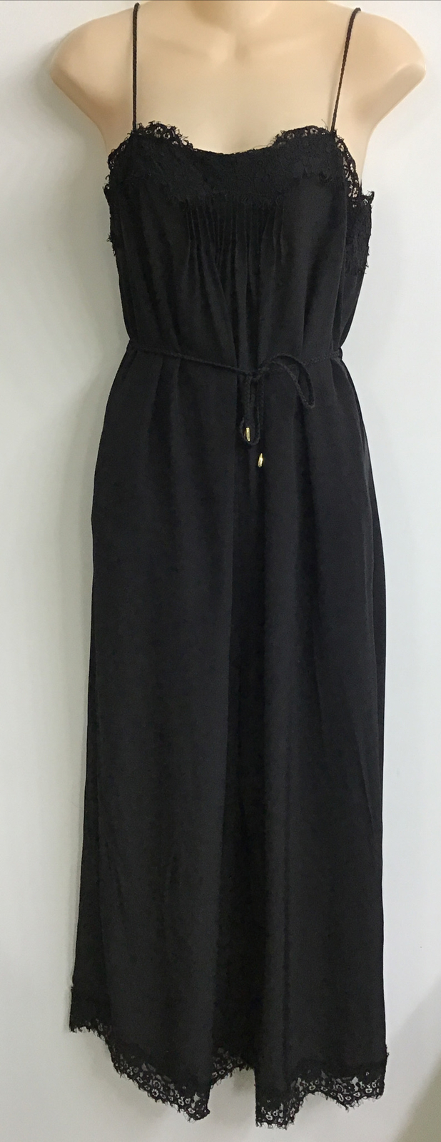 Zimmerman Jumpsuit Black Silk Sleeveless Tie Waist Wide Leg Lace Trim Size 0-image