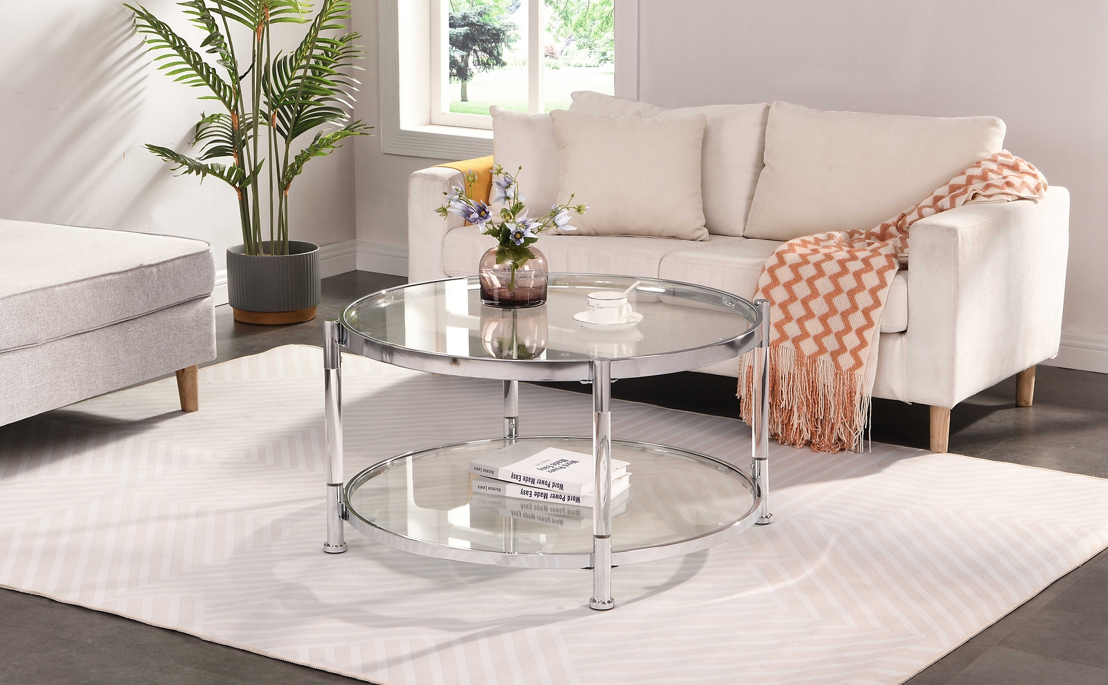 W82153572 Contemporary Acrylic Coffee Table,32.3'' Round Tempered Glass Coff