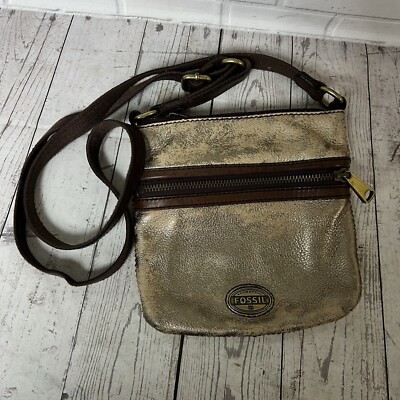 Fossil Explorer Crossbody Purse Bag Gold Metallic Distressed
