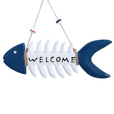 Fish Wall Decor Mediterranean Beach Themed Welcome Sign Wooden Fish Skeleton ...