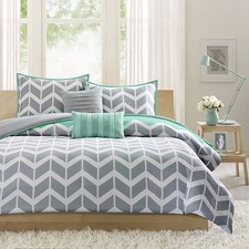 REVERSIBLE BLUE TEAL WHITE GREY AQUA CHEVRON SPORT STRIPE COMFORTER SET  New